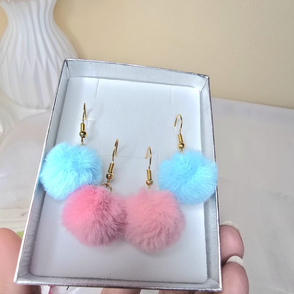 2 Pairs Pink and Blue Pom Pom Earrings - Picture 2 of 9